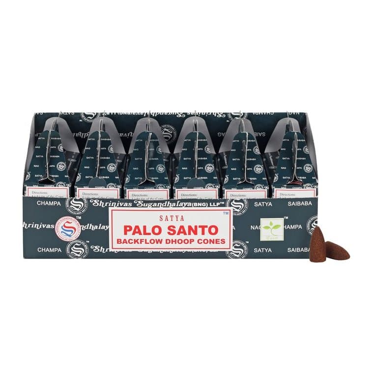 Display box of six Satya Palo Santo backflow dhoop cone packs