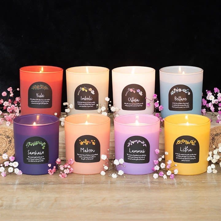 Set of 8 Wheel of the Year candles in glass jars with cork lids