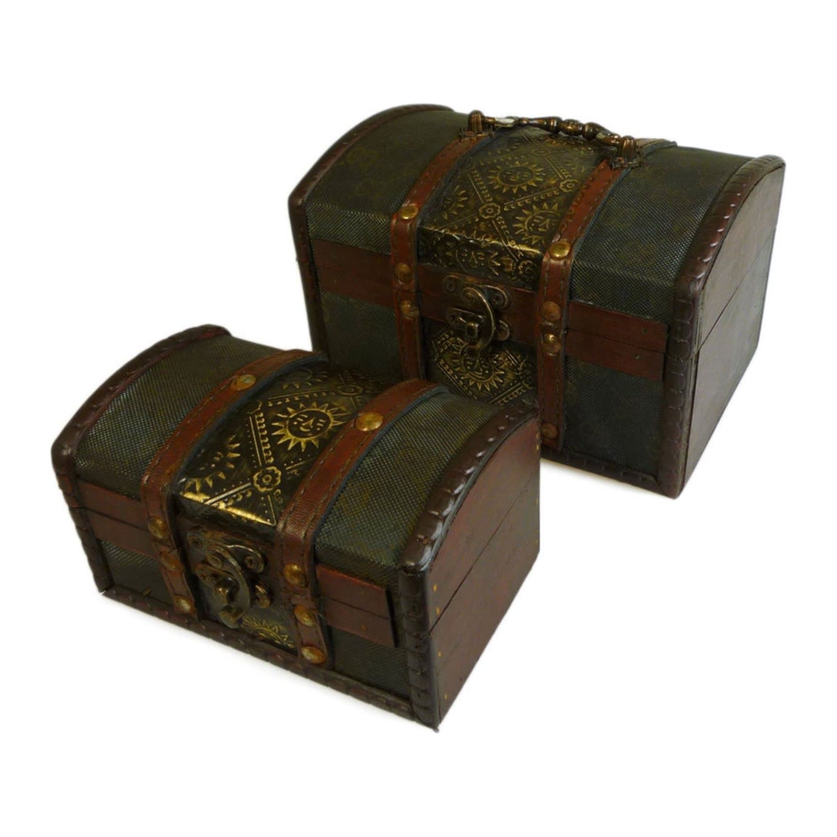 Set of 2 vintage style metal embossed boxes with brass fittings