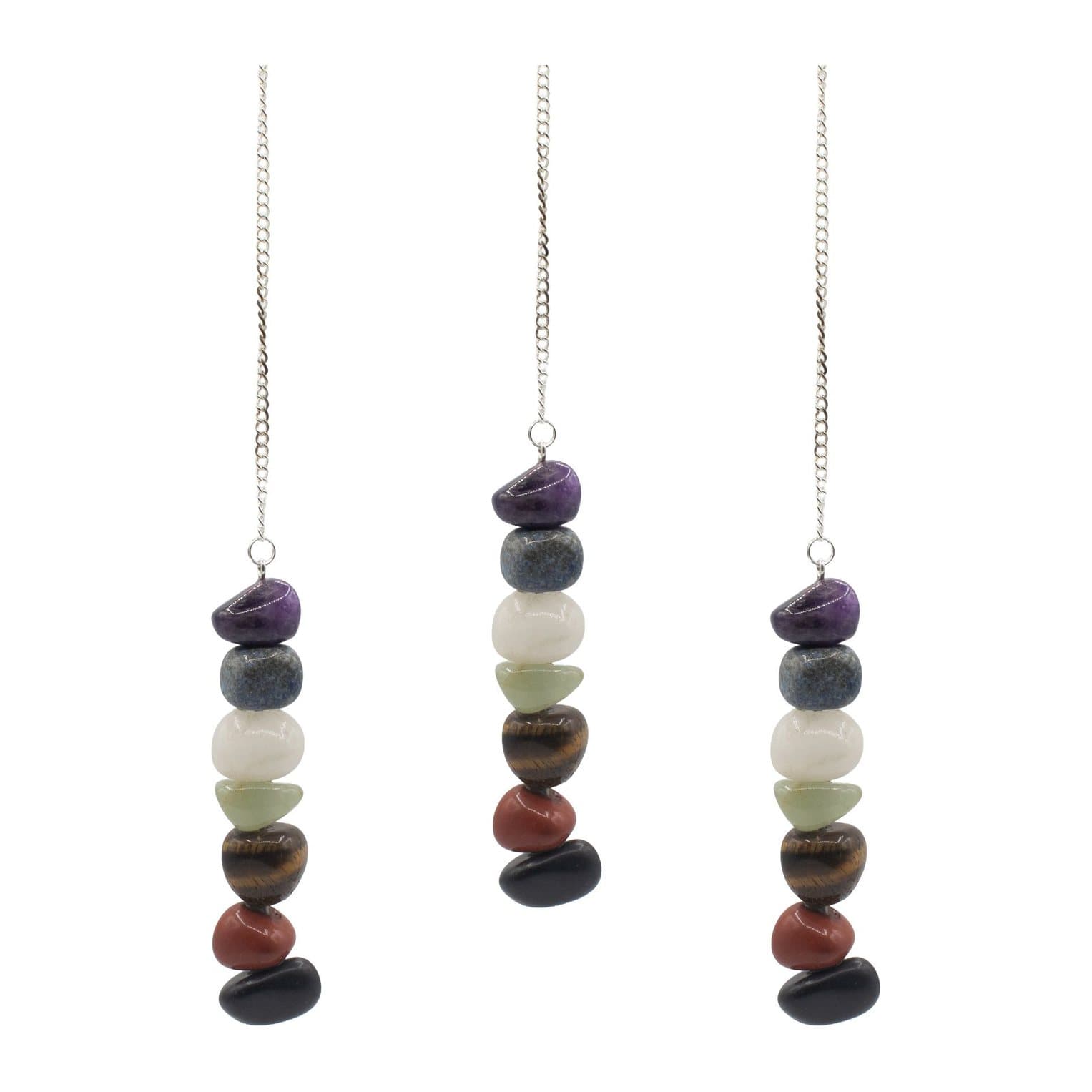 Seven Tumble Chakra pendulum of colourful polished gemstone tumblestones