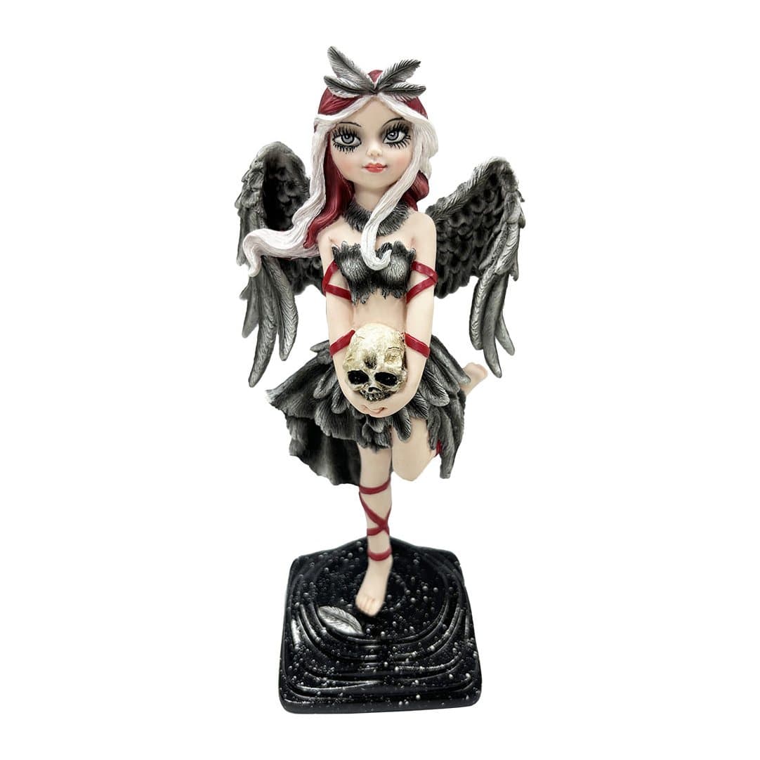 Shadow Fae gothic fairy figurine with feathered skirt, scarlet hair and a skull