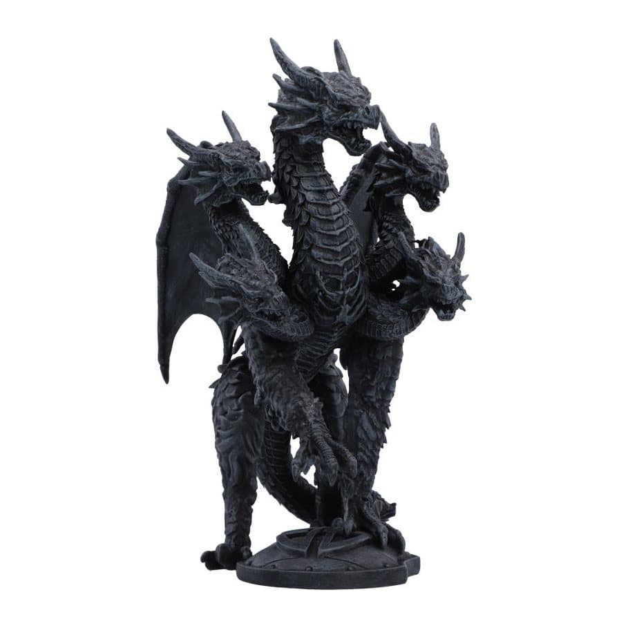 Black five-headed Shadow Hydra dragon figurine with a clawed foot on a black shield