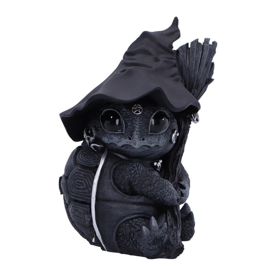 Shellial tortoise figurine in a witch hat with broomstick and silver skull collar