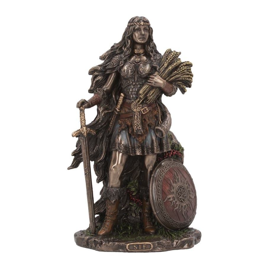 Bronze-finished Sif goddess figurine in viking armour holding a sword and wheat