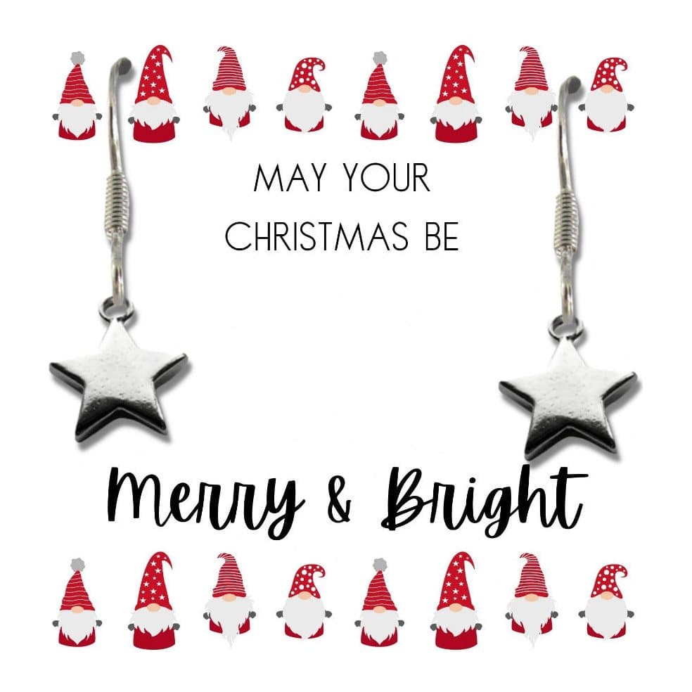 Silver star earrings with a Merry & Bright Christmas message card