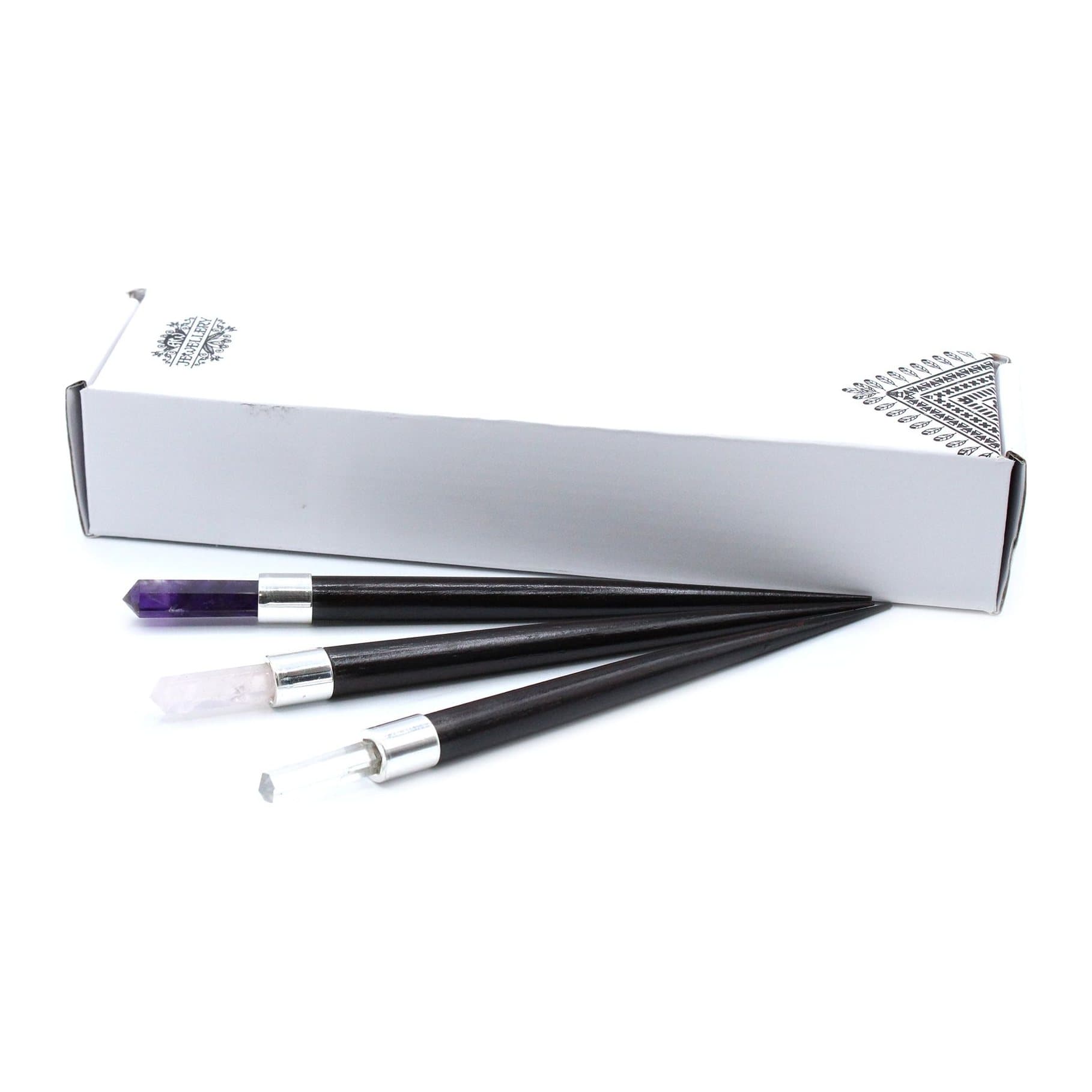 Pack of 3 pointed crystal wands in rose, rock and amethyst gemstones
