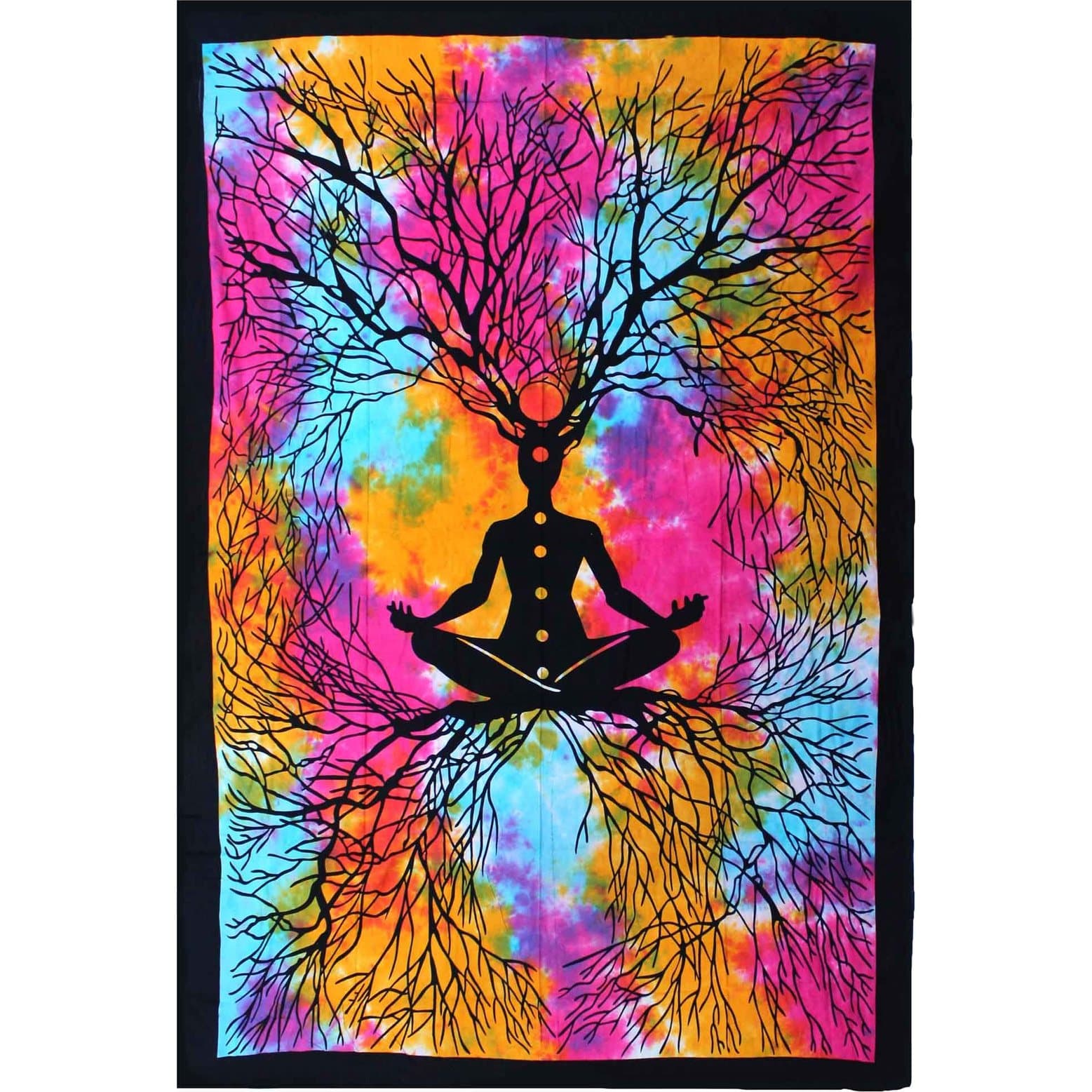 Single cotton bedspread and wall hanging with a yoga tree design