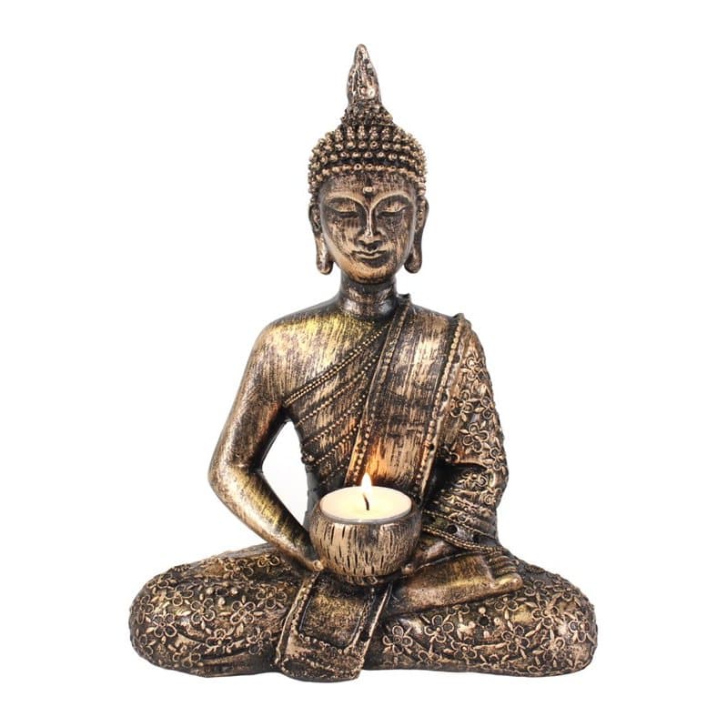 Sitting Thai Buddha resin tealight holder with a rustic effect
