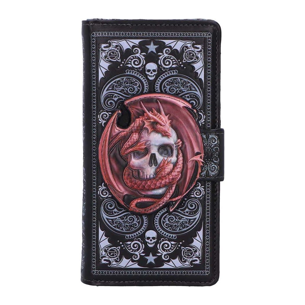 Skull Embrace purse with grey Anne Stokes artwork of a red dragon clutching a skull