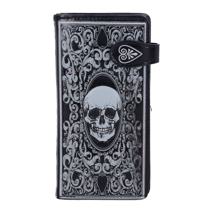 Black embossed purse with a white skull, feather design and a stud button
