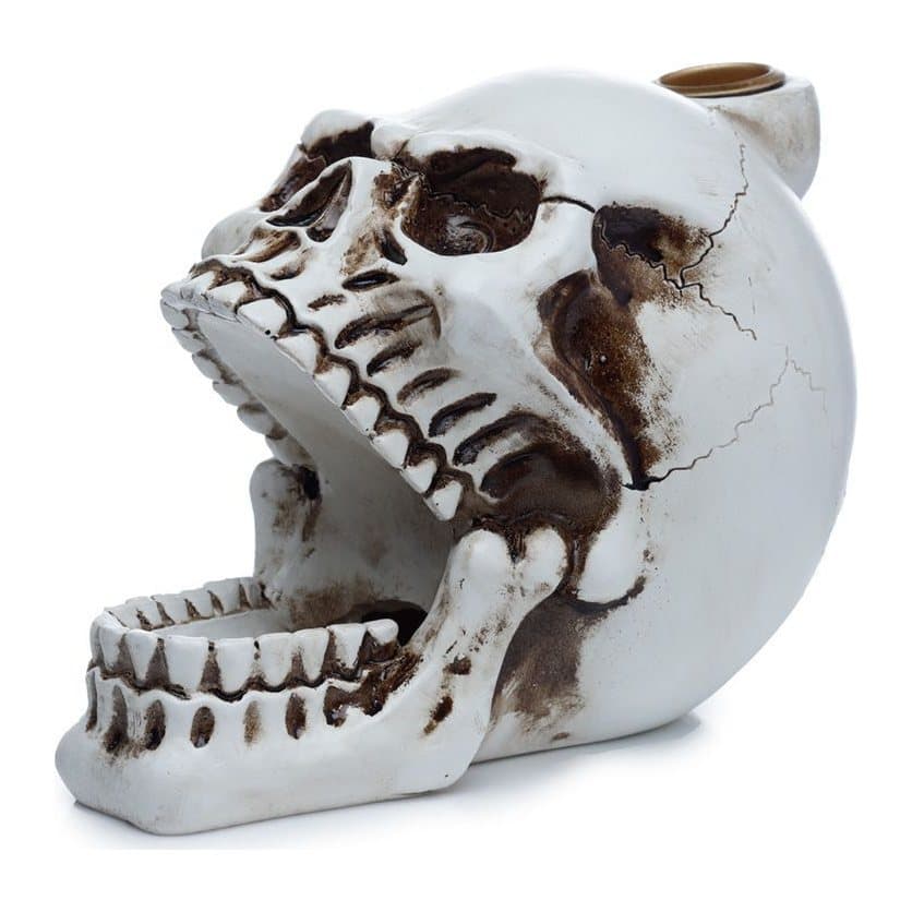 Skull with open mouth backflow incense burner in resin and metal