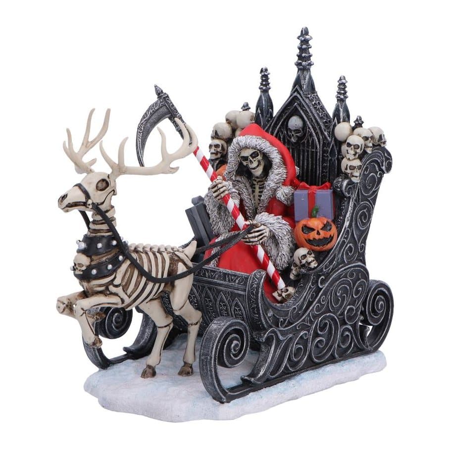 Gothic Santa Reaper on a skull sleigh with a skeletal reindeer on a snowy base