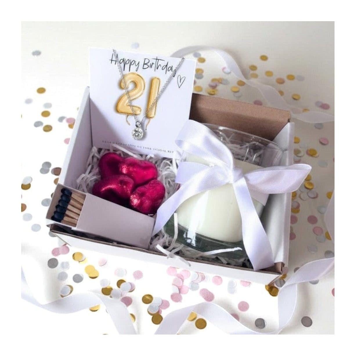 Small 21st birthday gold balloon hamper with a necklace, candle and milk chocolate hearts