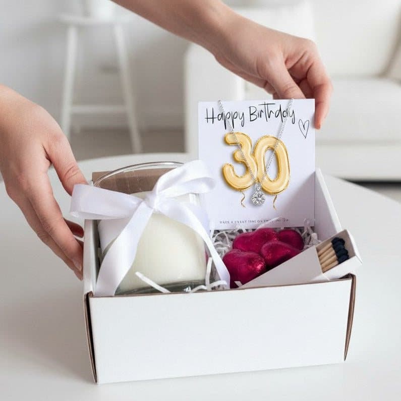 Gold balloon 30th birthday hamper with necklace, candle and chocolate hearts