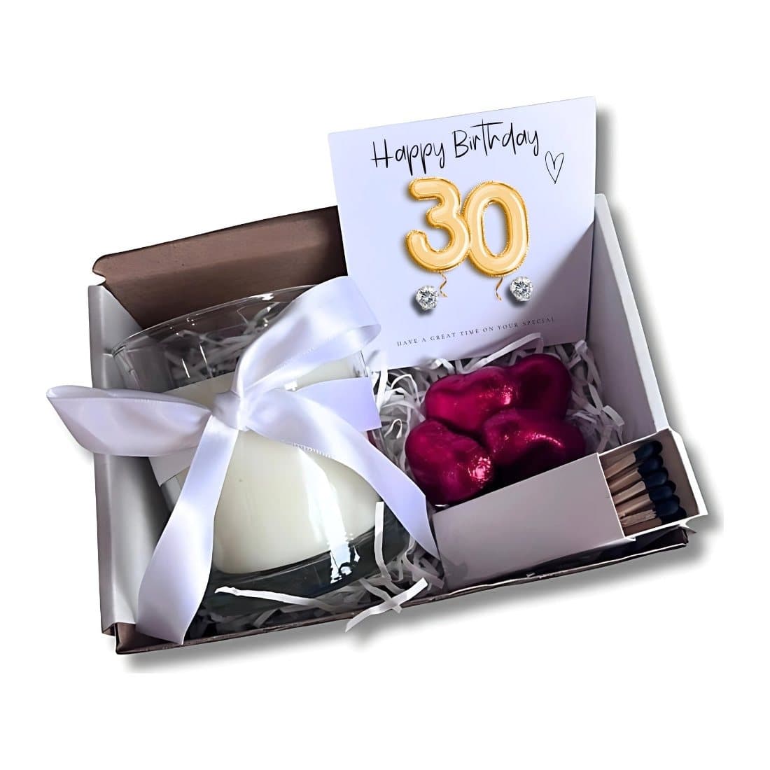 Small 30th birthday gold balloon hamper with earrings, candle and chocolate hearts