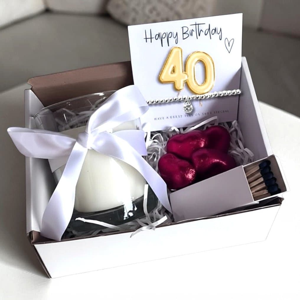 Small 40th birthday gift hamper with bracelet, candle and chocolate hearts