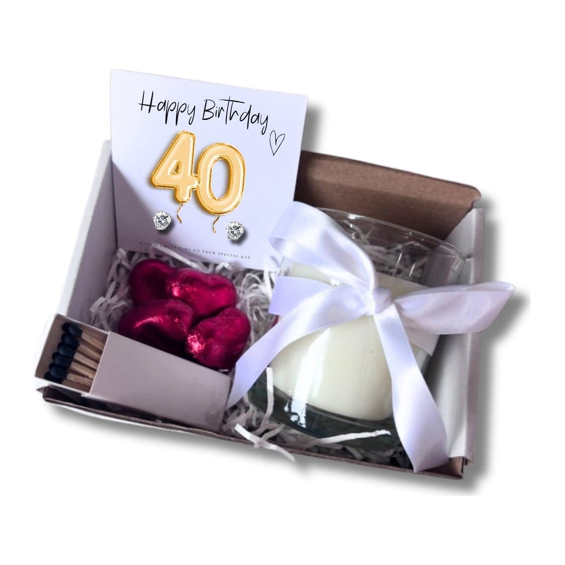 Small 40th birthday gold balloons gift hamper with earrings, candle and chocolate hearts