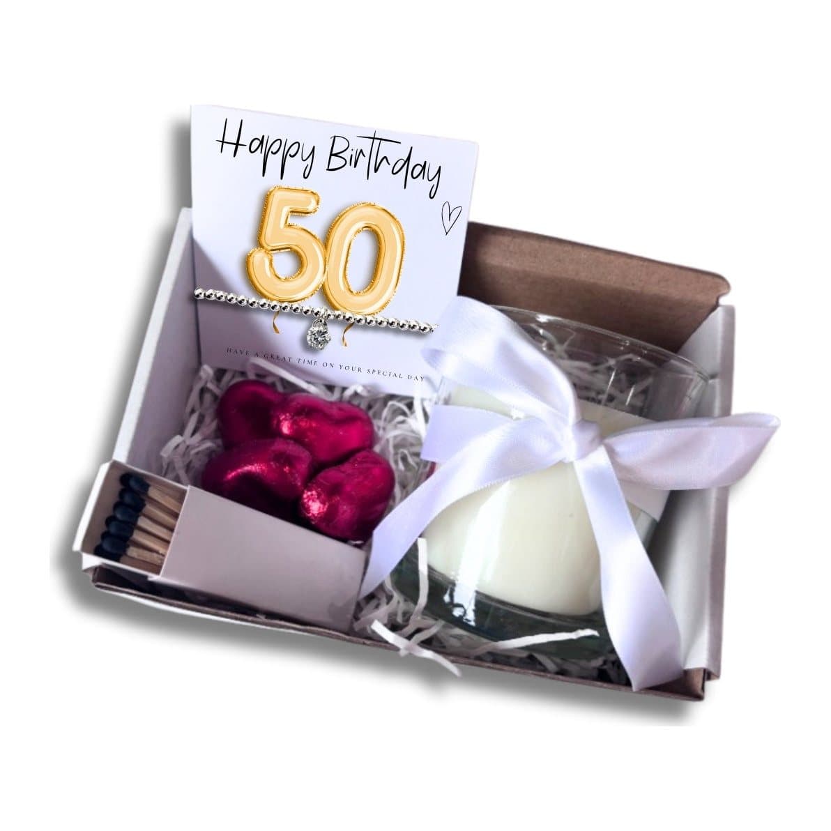 50th birthday gold balloon hamper with bracelet, candle and chocolate hearts