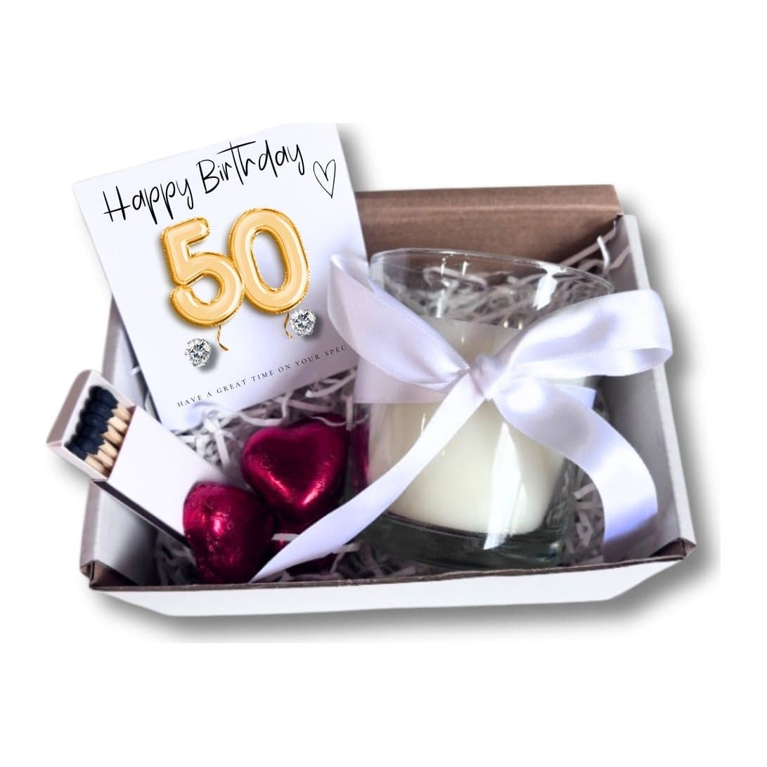 50th birthday gift hamper with stud earrings, a candle and chocolate hearts