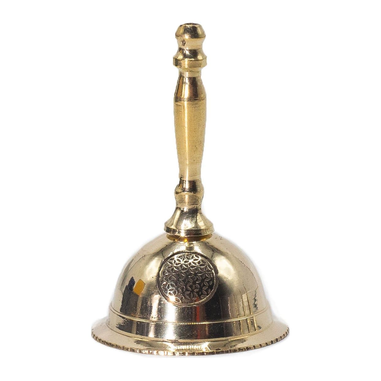 Small polished brass altar bell engraved with the Flower of Life