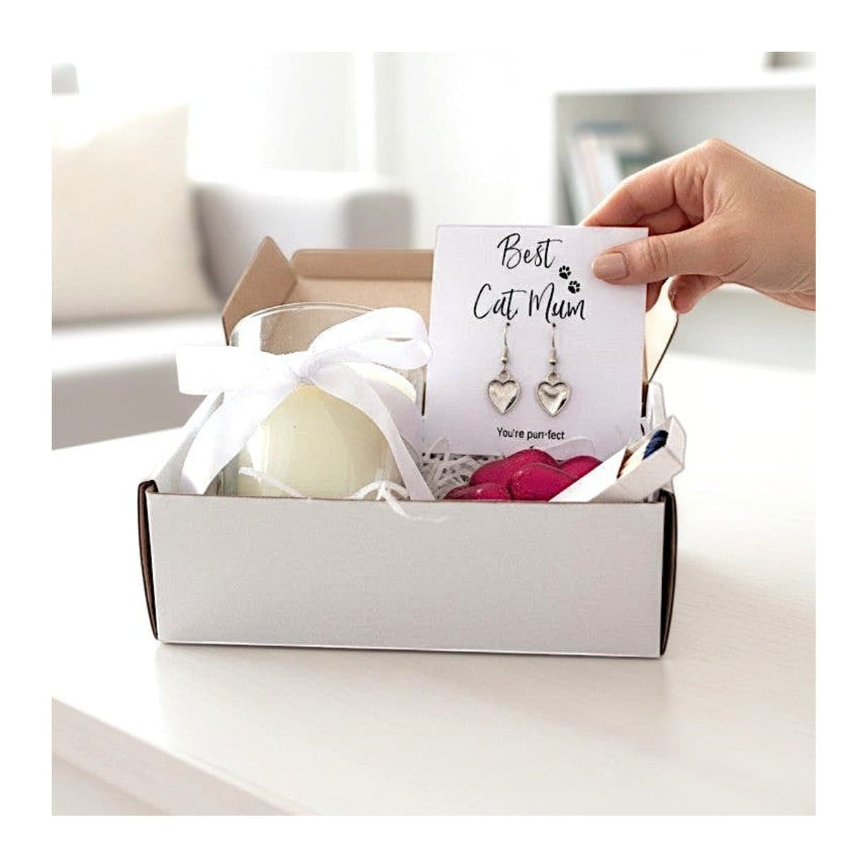 Cat mum gift set with earrings, candle, chocolate hearts and card