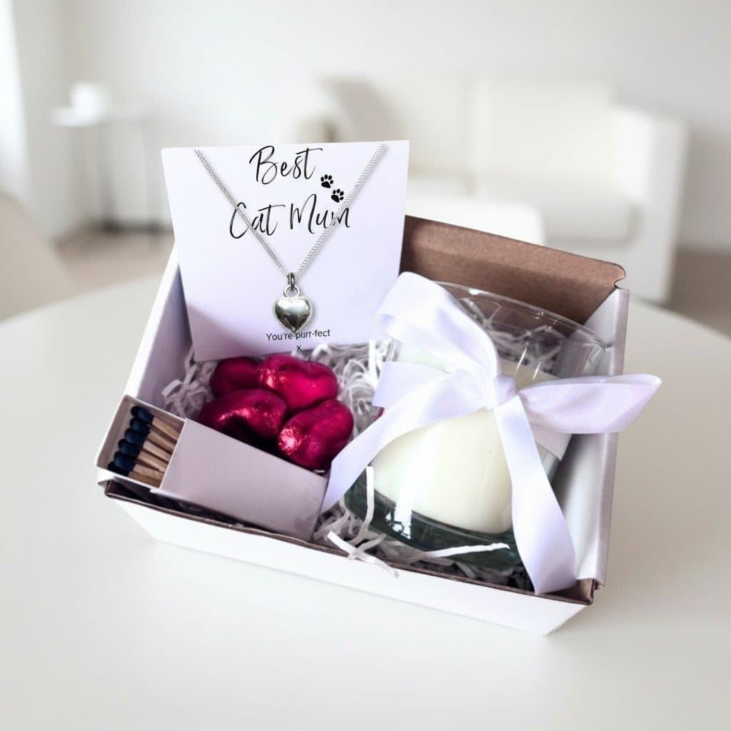 Cat mum gift hamper with a silver heart necklace, candle and chocolate hearts