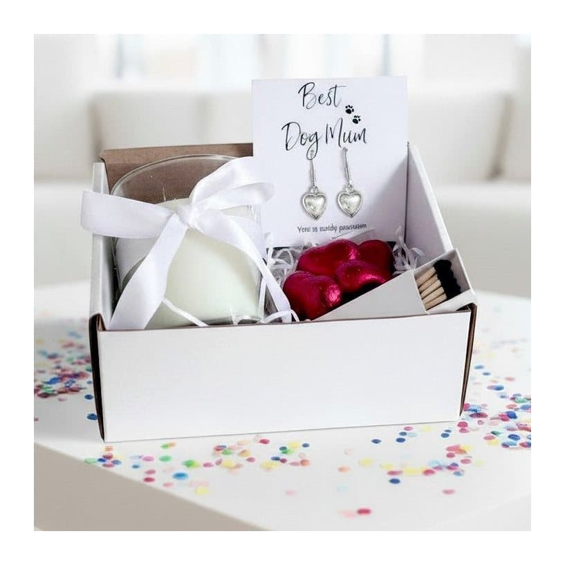 Dog mum gift hamper with puff heart earrings, a candle and milk chocolate hearts