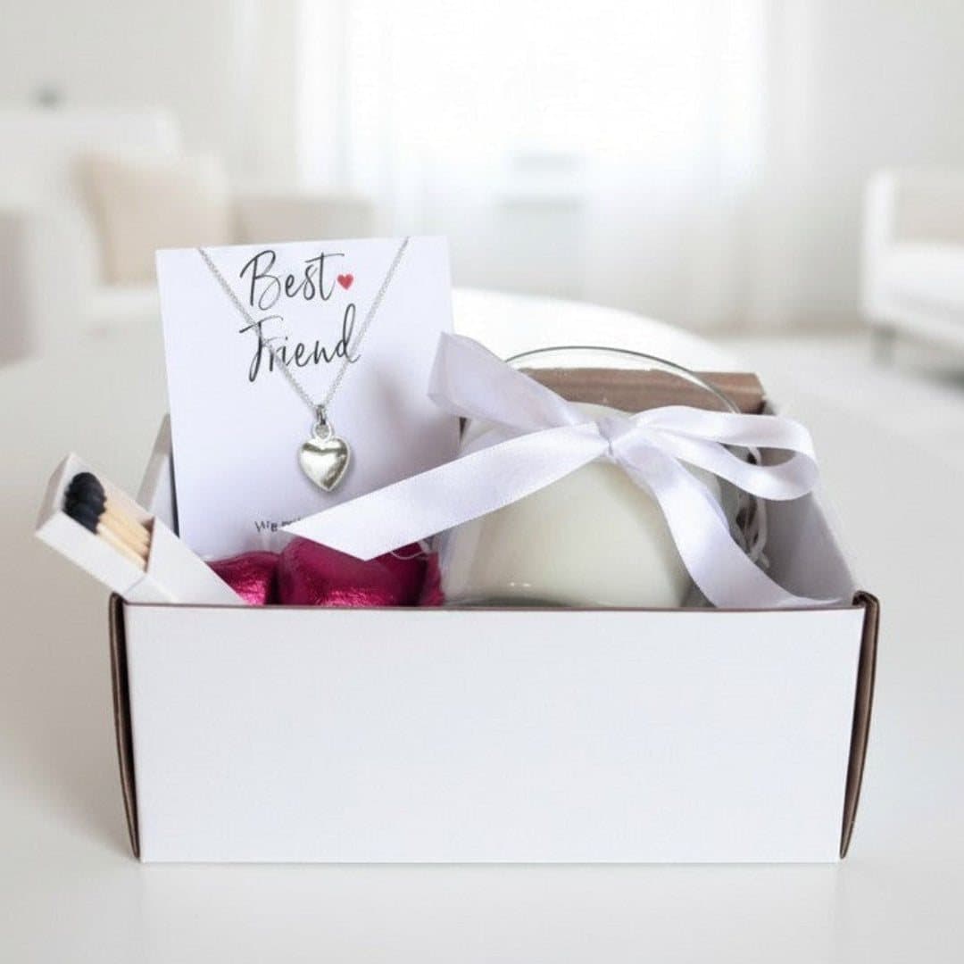 Best friend gift hamper with silver heart necklace, candle and chocolate hearts