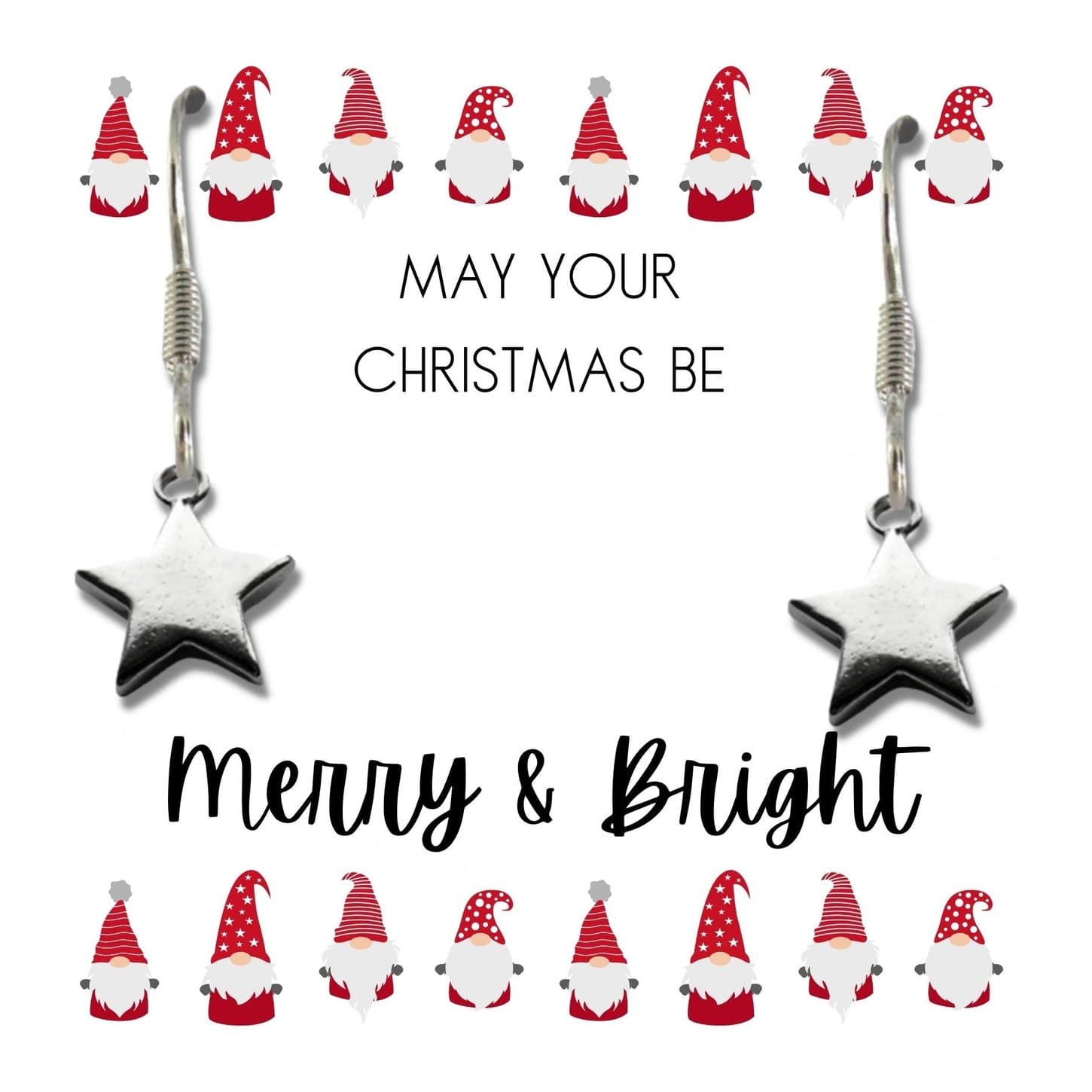 Silver star earrings, a Merry & Bright message card and a pink square jewellery box