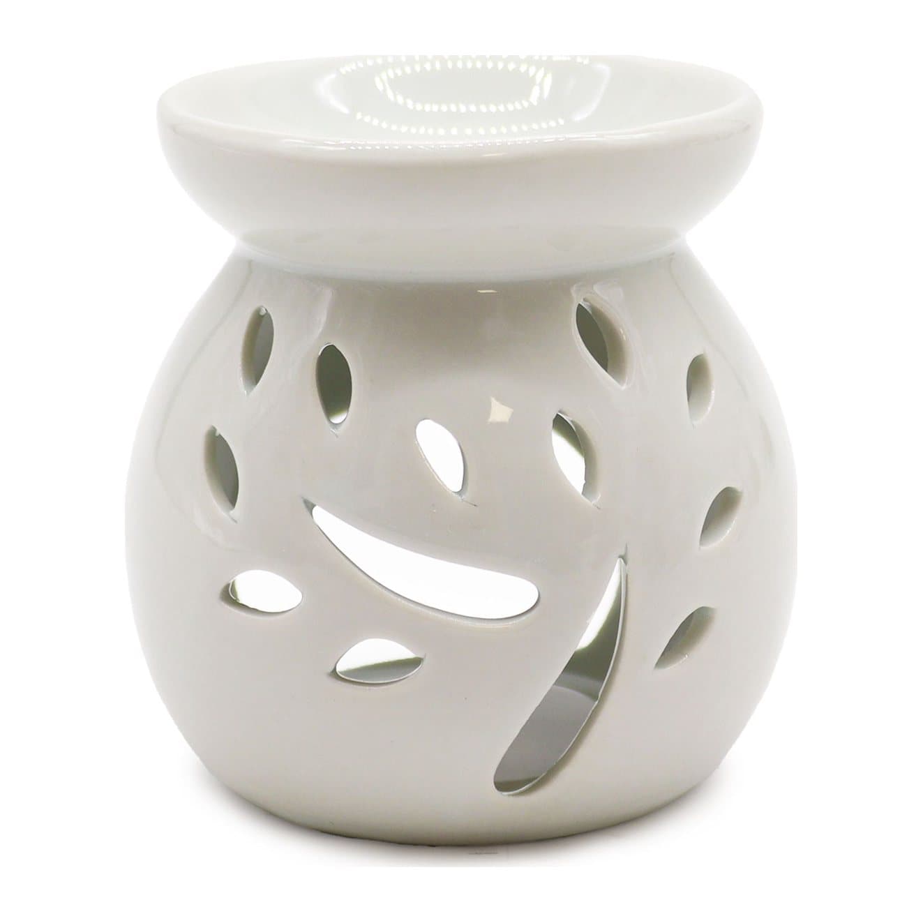 Small white ceramic oil burner with a tree cut-out design