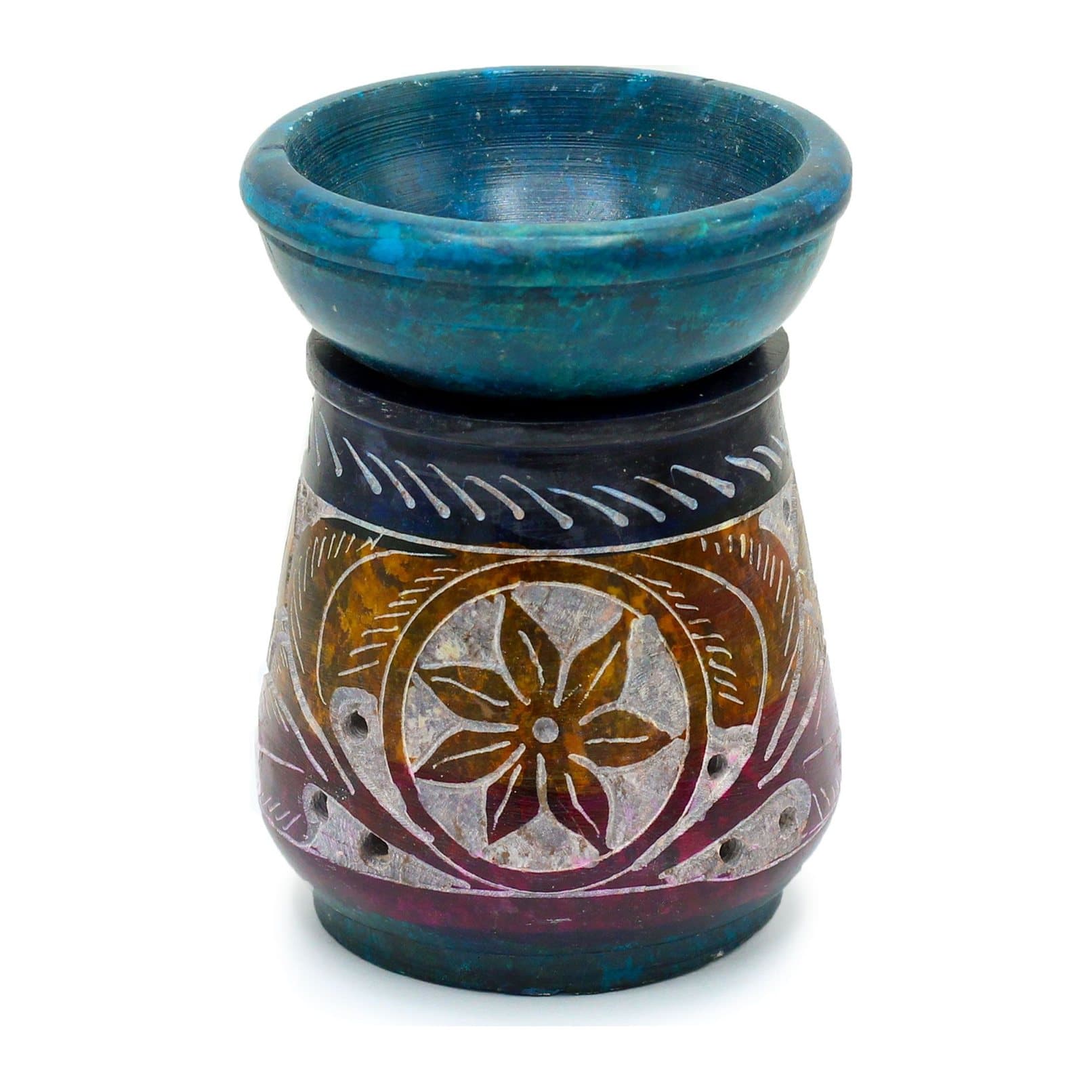 Small coloured soapstone oil burner with a flower motif