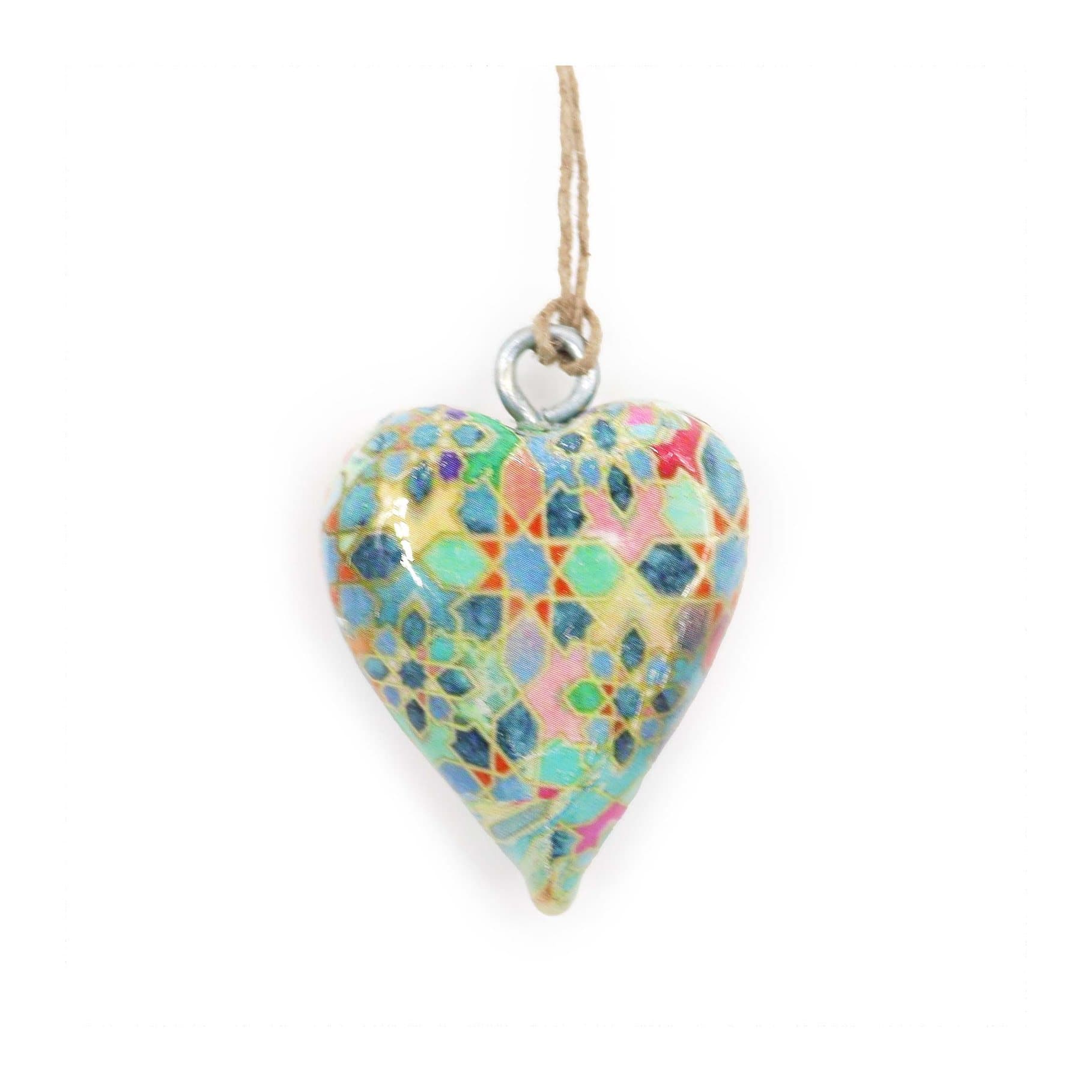 Small wood hearts with a Mediterranean tile pattern, pack of 2