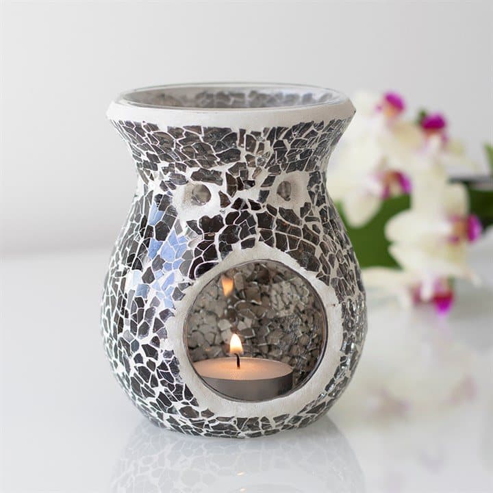 Small grey oil burner with a mirrored crackle effect