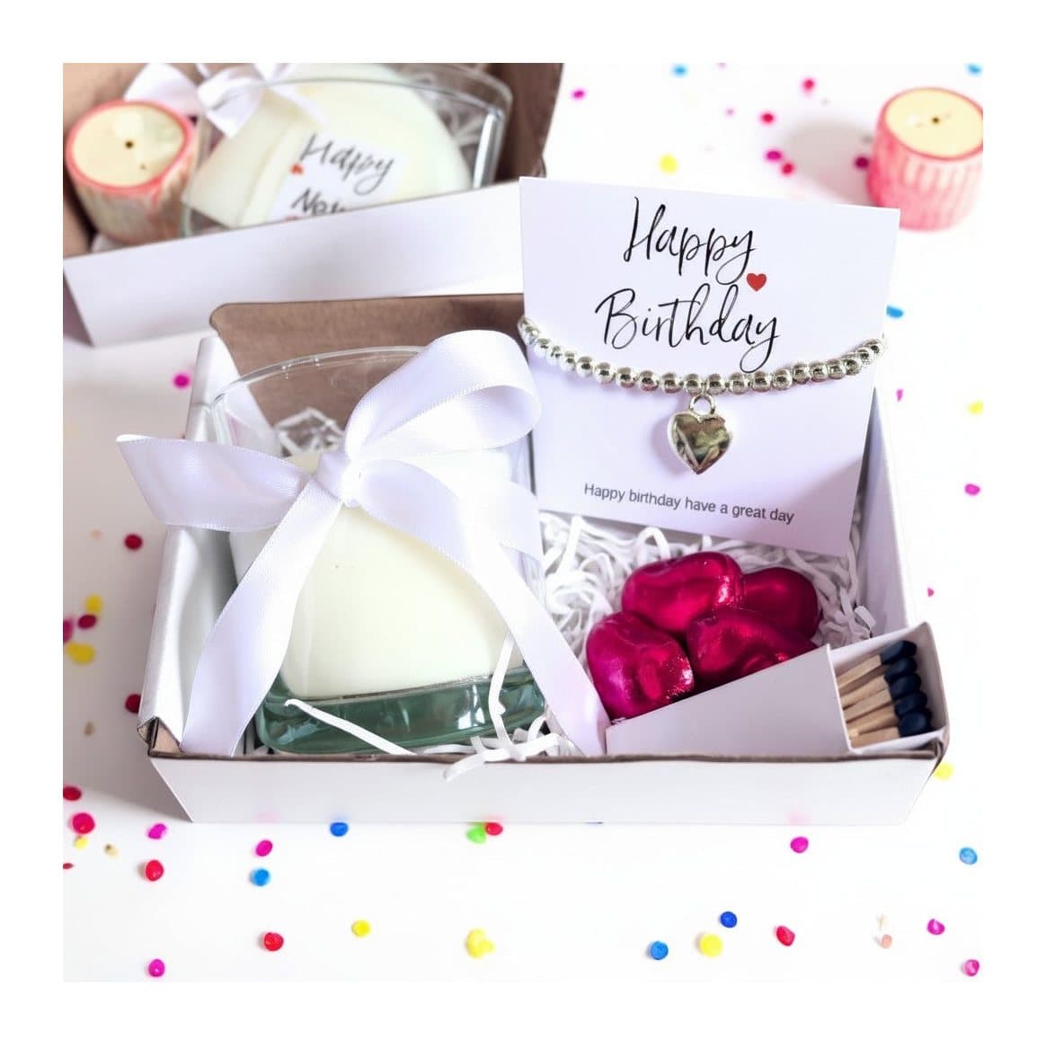 Birthday gift hamper with silver plated bracelet, vanilla candle and chocolate hearts