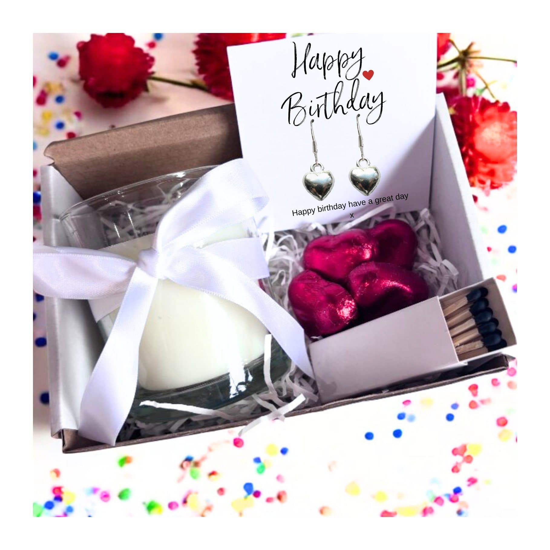 Small birthday gift hamper with heart earrings, a vanilla candle and chocolate hearts