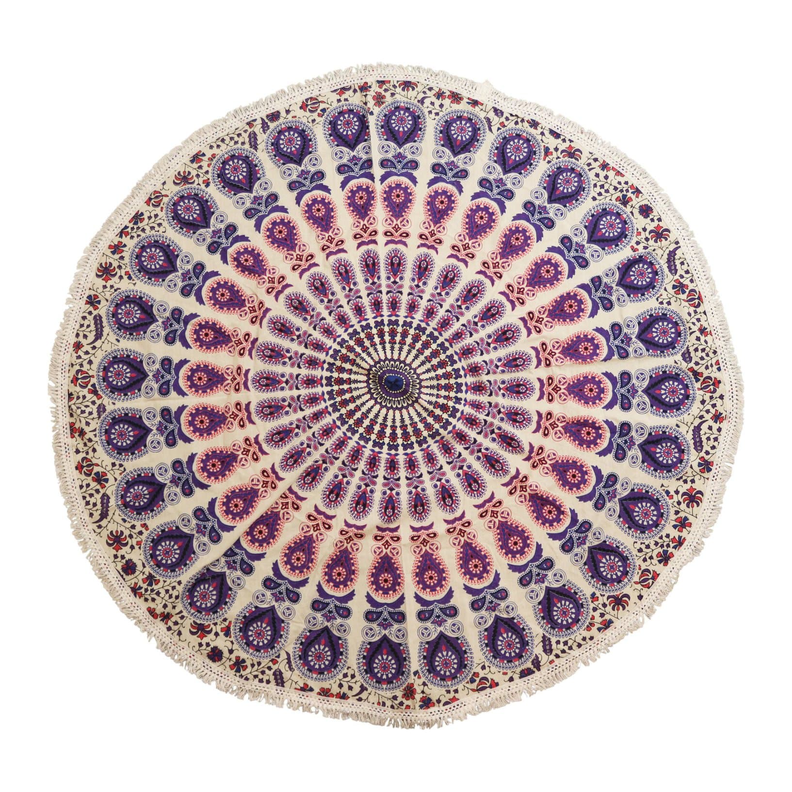 Round cotton mandala in purples and pinks with peacock-inspired details