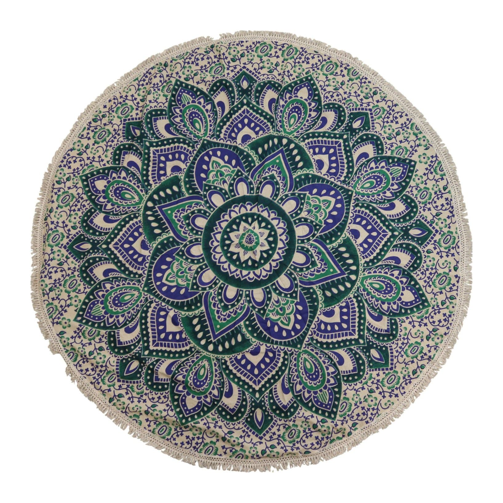 Round teal and blue mandala cotton roundie with fringe edging