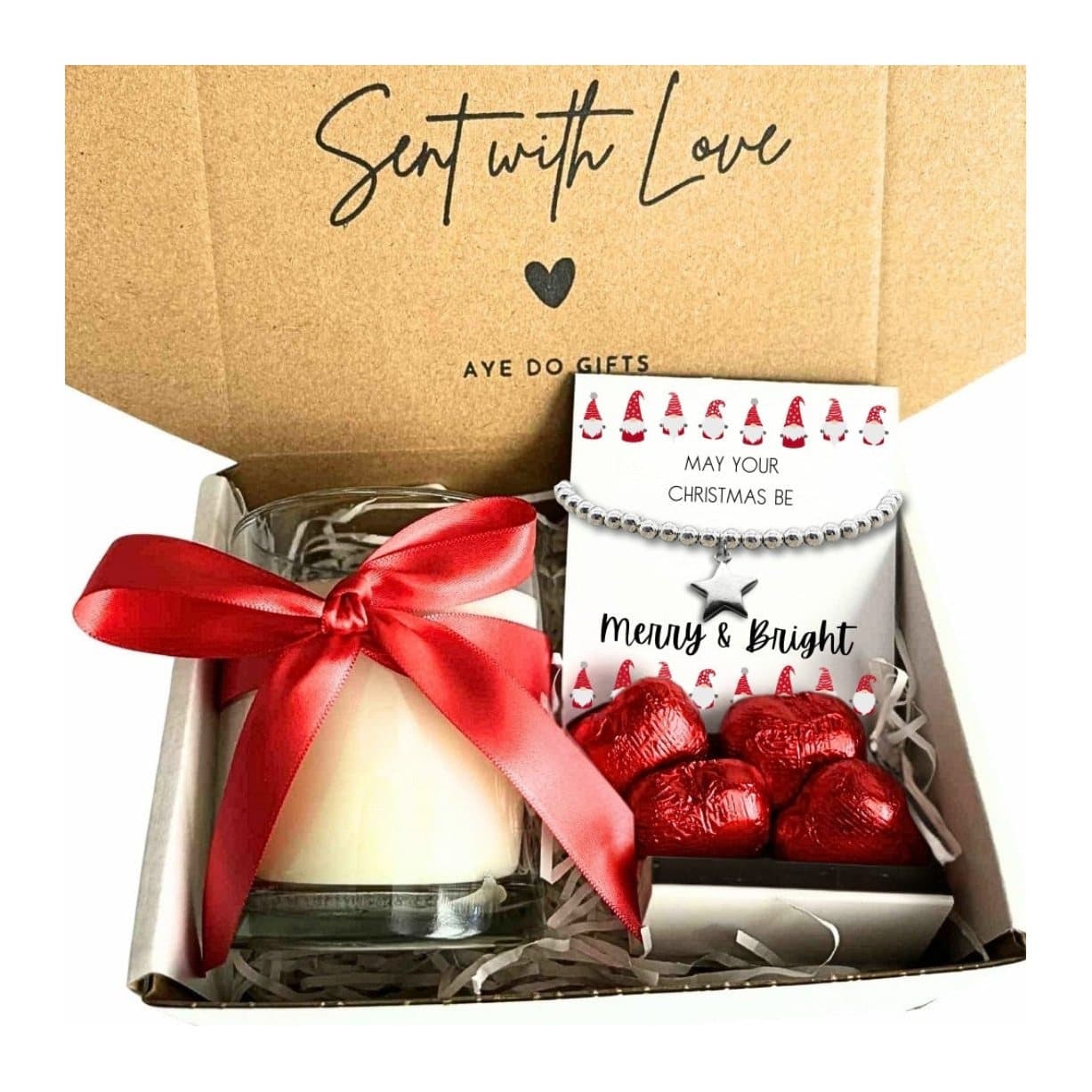 Christmas gift hamper: beaded bracelet, vanilla candle and chocolate hearts
