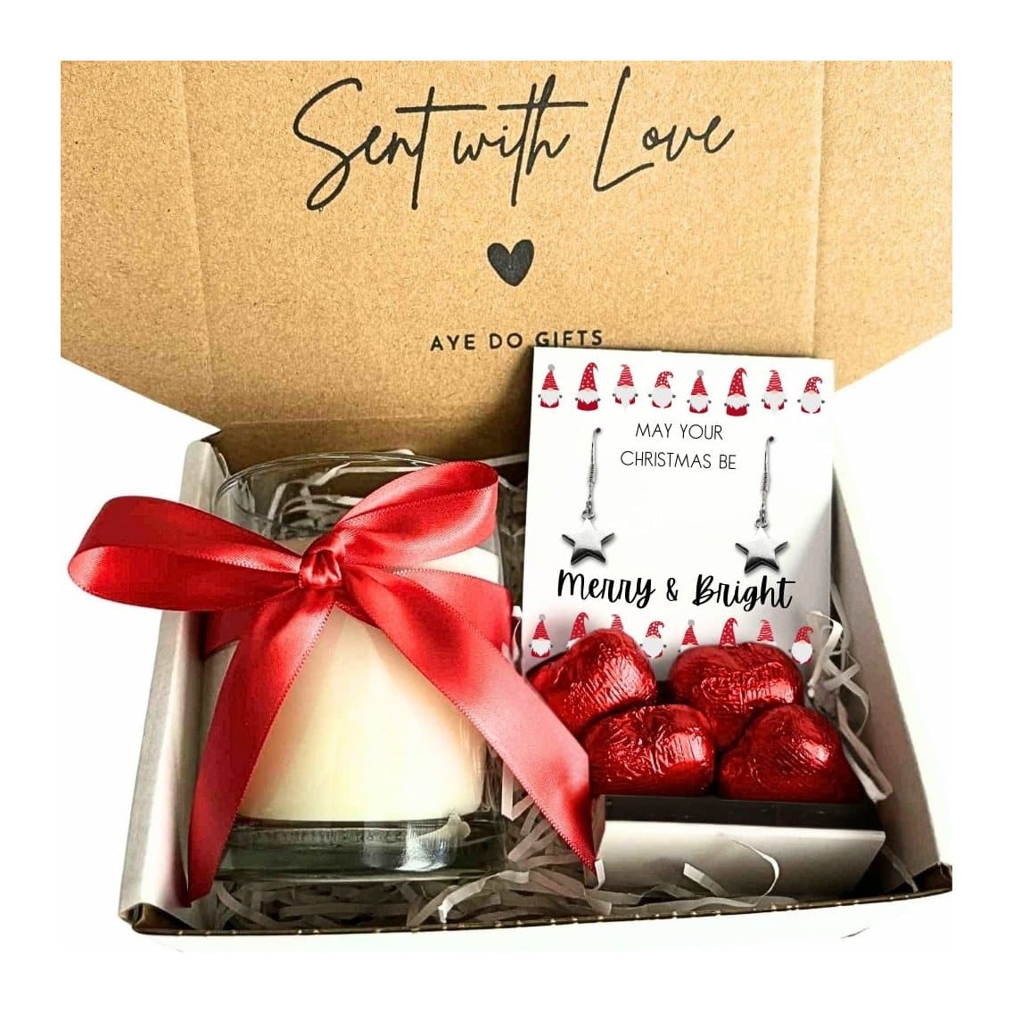 Christmas hamper with star earrings, vanilla candle and milk chocolate hearts