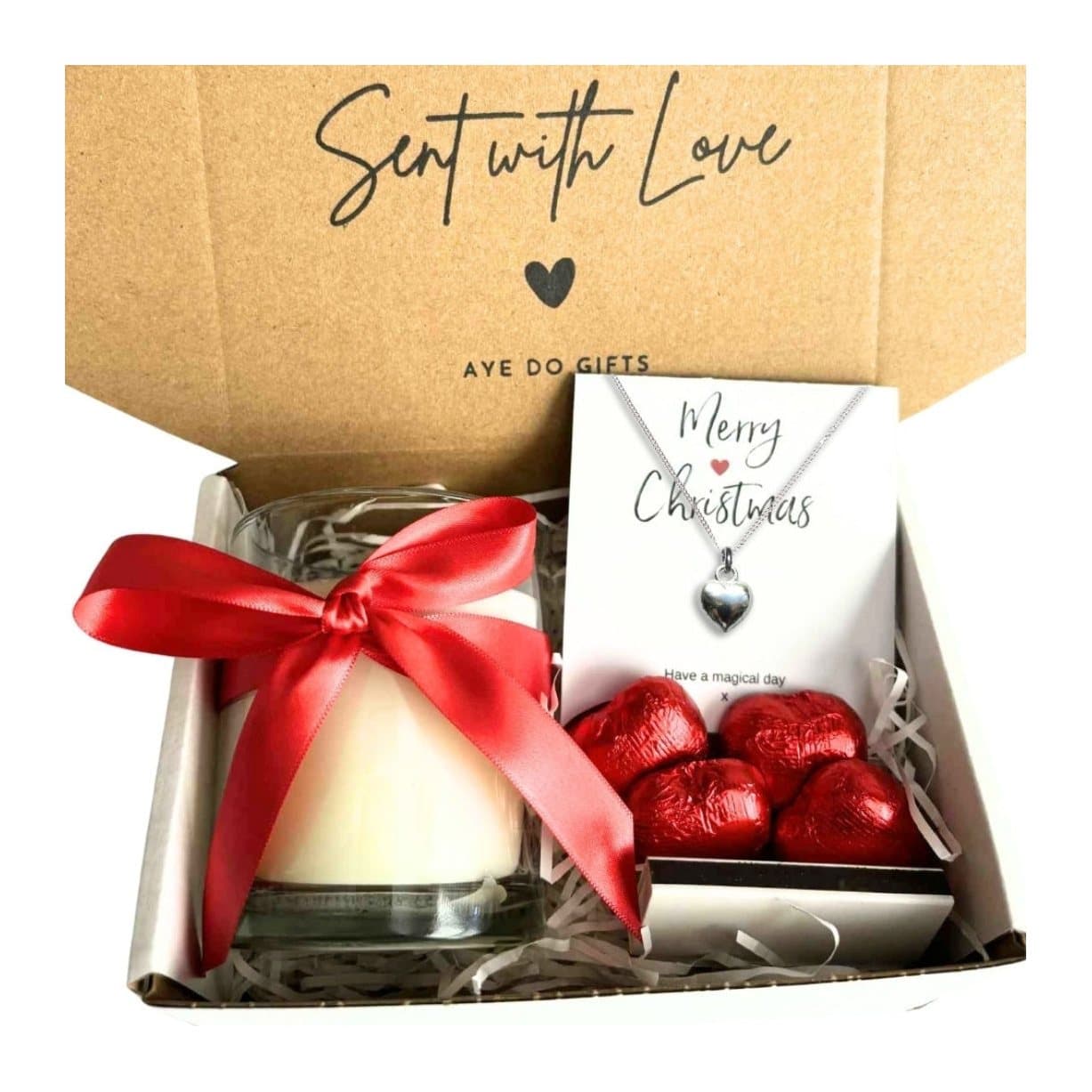 Christmas gift hamper with heart necklace, vanilla candle and chocolate hearts
