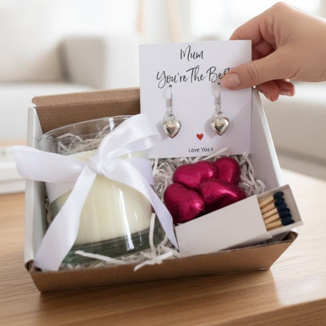 Mum gift hamper: puff heart earrings, a vanilla candle and red foiled chocolate hearts