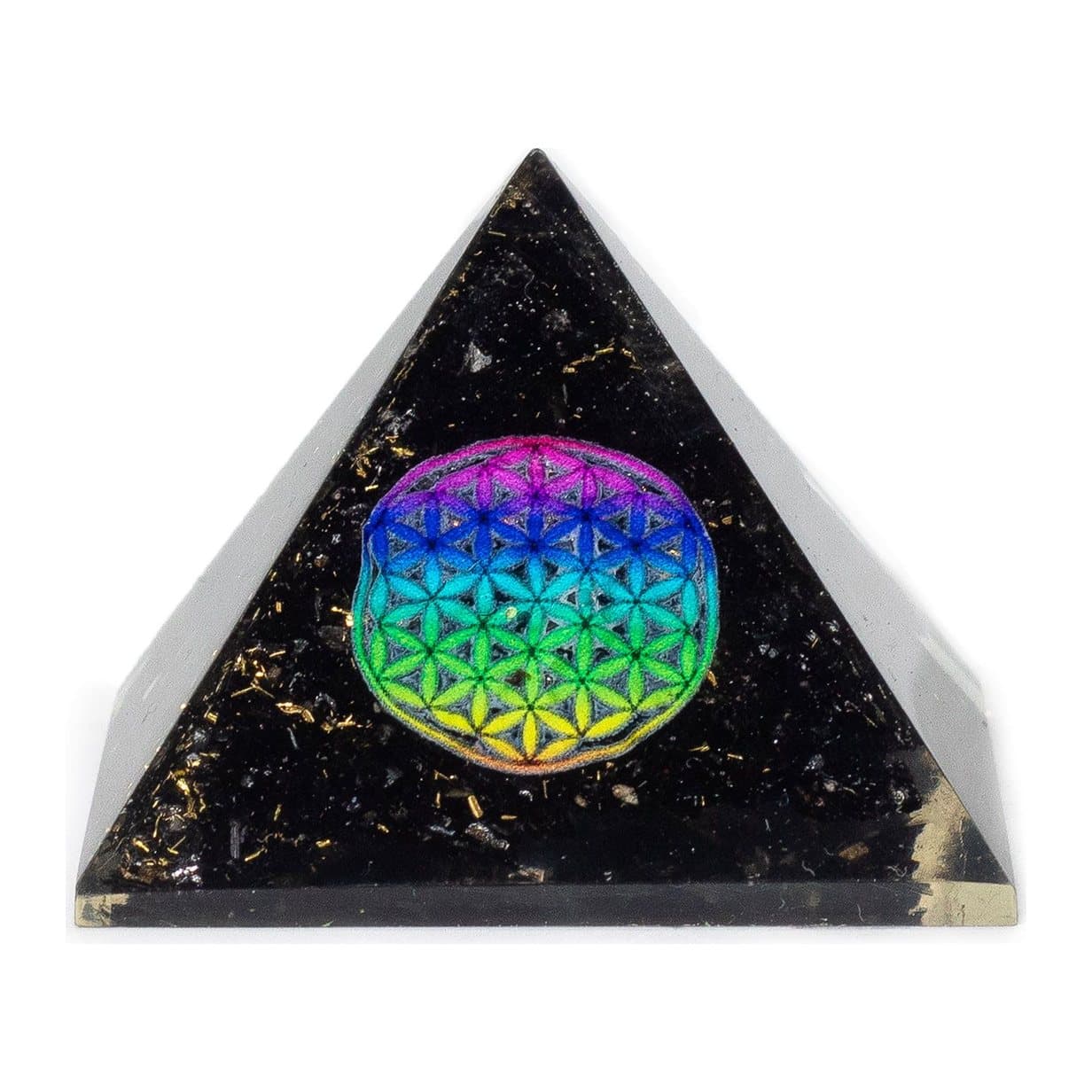 Small orgonite pyramid with Flower of Life symbol and black tourmaline chips