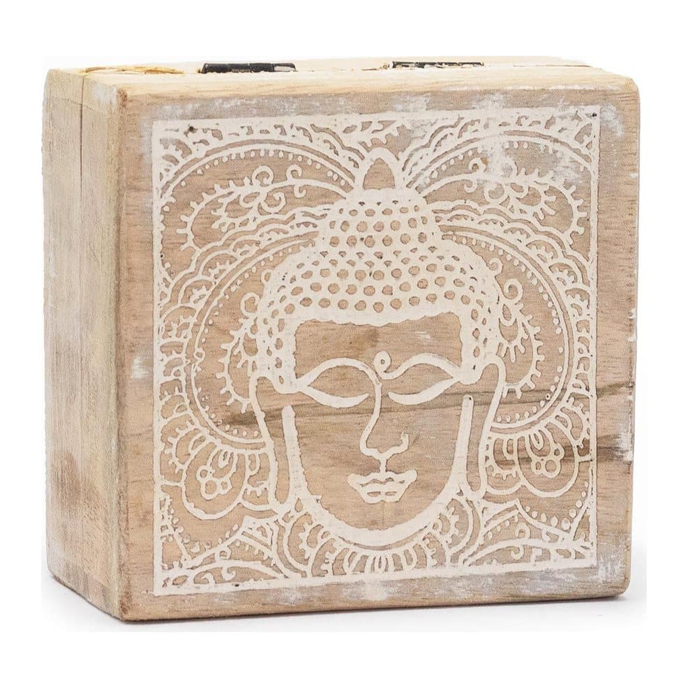 Small square mango wood box in the Buddha Face Whitewash design