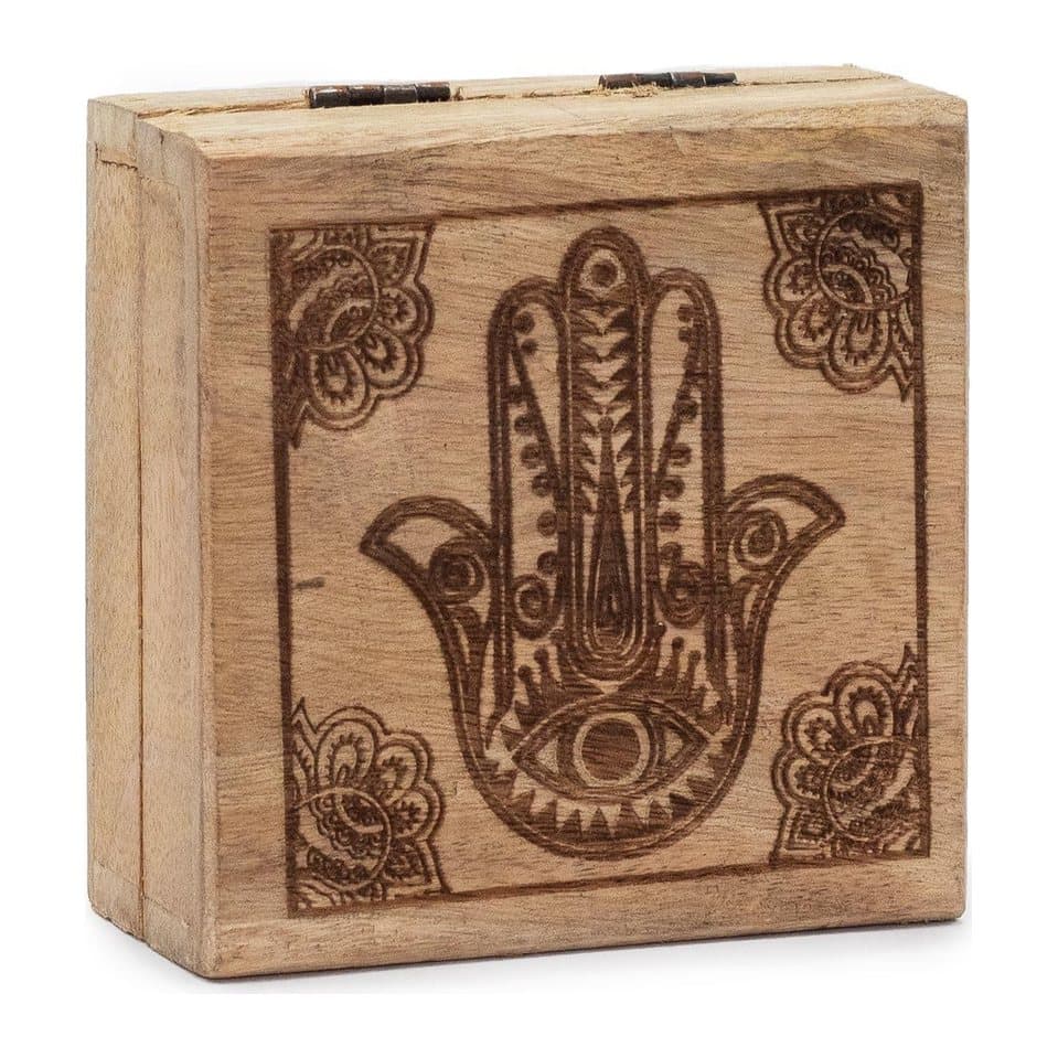 Small square black wooden box engraved with a hamsa design
