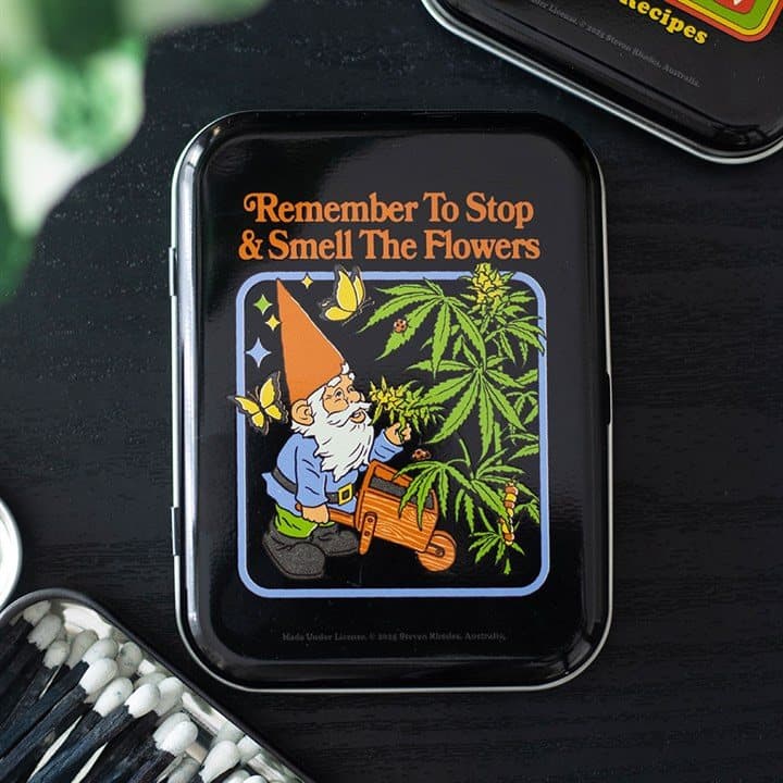 Smell the Flowers metal stash tin with a gnome by Steven Rhodes