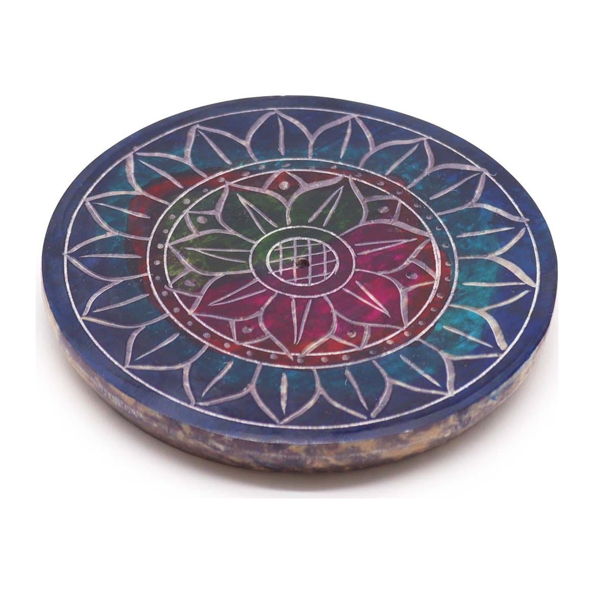 Soapstone disc incense holder with a lotus in lotus design