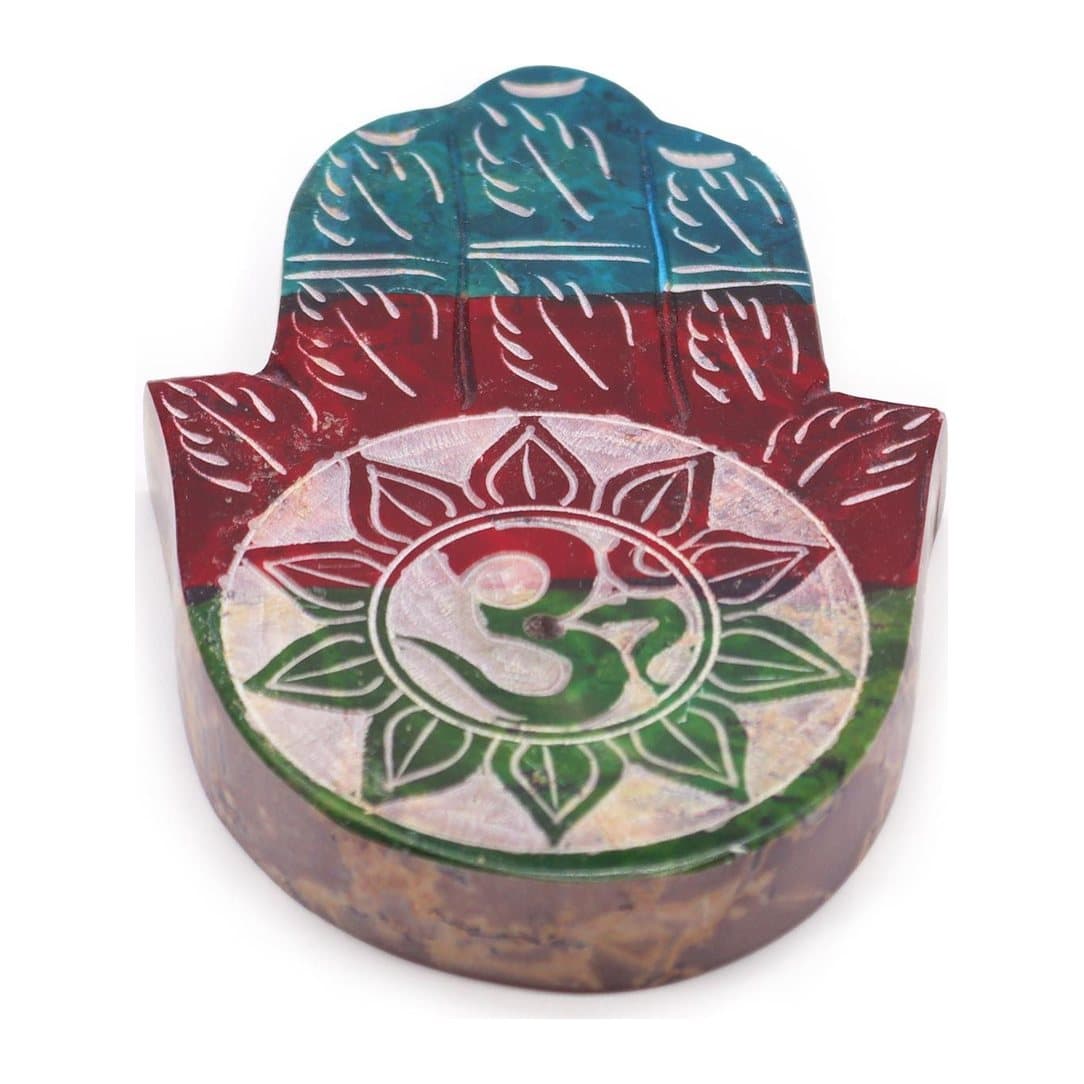 Soapstone incense holder with a hamsa and OM design