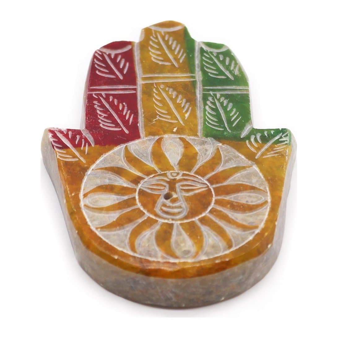 Soapstone hamsa incense holder with a Sun Face design