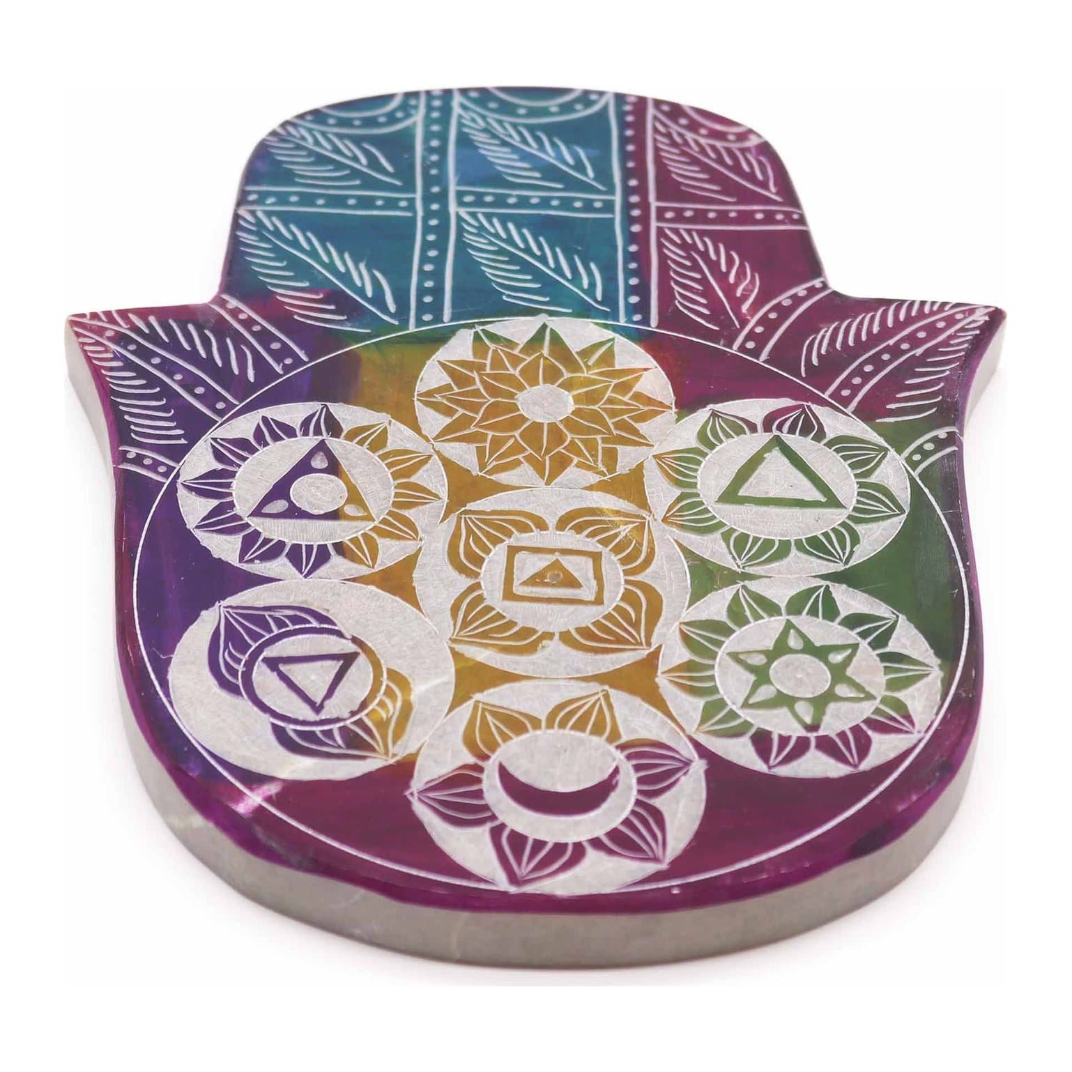 Large soapstone hamsa incense holder with a 7 chakra design