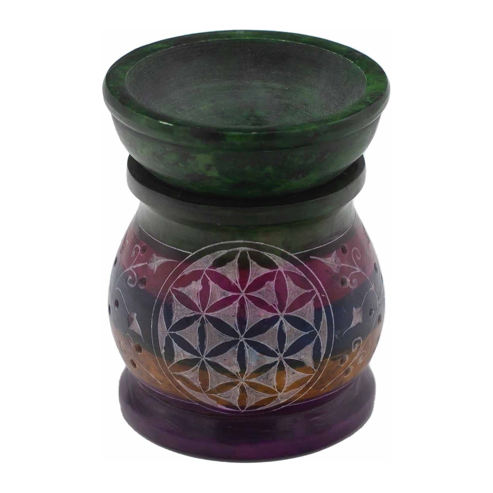 Soapstone oil burner with a Flower of Life design